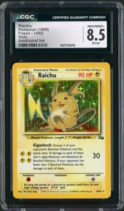 1999 Pokemon Fossil Raichu Additional Ink Error Holo Rare #14 CGC 8.5 - Image 1