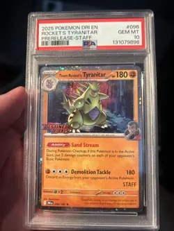 2025 POKEMON DESTINED RIVALS #096 TEAM ROCKETS TYRANITAR PSA 10 STAFF PROMO - Image 1