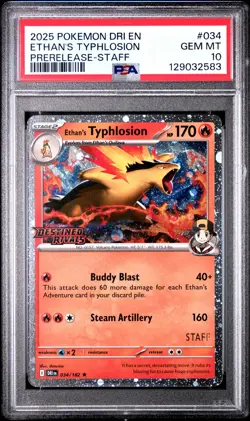 2025 POKEMON DRI EN-DESTINED RIVALS PRERELEASE-STAFF ETHAN'S TYPHLOSION PSA 10 - Image 1