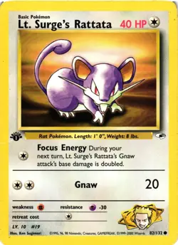 Pokemon TCG Lt. Surge's Rattata Gym Heroes 82/132 Regular 1st Edition Common DMG - Image 1