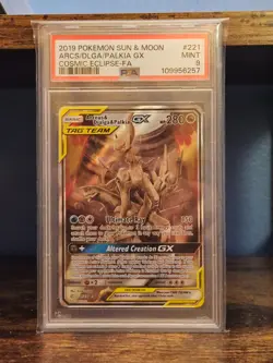 PSA 9 MINT Pokemon Arceus Dialga Palkia GX Cosmic Eclipse Full Art 221/236 - Image 1