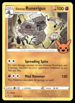 Pokemon Cards Galarian Runerigus 102/192 Trick or Trade BOOster Holo Promo NM - Image 1