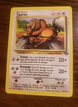 1999 Pokemon TCG Tauros Jungle Set 47/64 Unlimited Non-Holo LP - Image 1