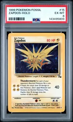 1999 POKEMON FOSSIL CORRECTED FOIL #15 ZAPDOS-HOLO PSA 6 - Image 1