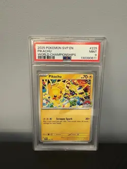 2025 POKEMON SVP EN-SV BLACK STAR PROMO WORLD CHAMPIONSHIPS #225 PIKACHU PSA 9 - Image 1