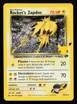 Rocket's Zapdos 15/132 Holo Celebrations Classic Collection Pokemon Card - Image 1