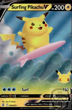 Surfing Pikachu V 008/025 Holo V Rare Celebrations Pokemon NM/M - Image 3