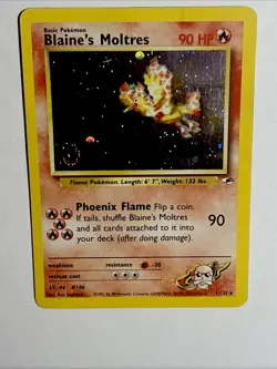 Blaine’s Moltres 1/132 Holo Gym Heroes Vintage Pokemon With Corner Swirl Hp - Image 3