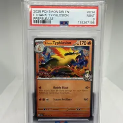 2025 POKEMON DRI EN-DESTINED RIVALS PRERELEASE #034 ETHAN'S TYPHLOSION PSA 9 - Image 1