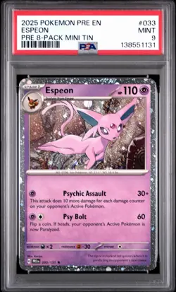 Pokemon Prismatic Evolutions Espeon 033/131 8-Pack Mini Tin Promo Cosmo PSA 9 - Image 1