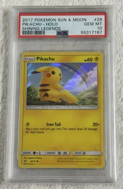 2017 POKEMON SUN & MOON SHINING LEGENDS #28 PIKACHU-HOLO PSA 10 - Image 1