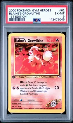 Pokemon 2000 LP Blaine's Growlithe 1st Edition 62/132 Gym Heroes PSA 6 - Image 1