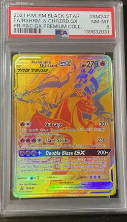 2021 POKEMON SM BLACK STAR PROMO #SM247 FULL ART/RESHIRAM & CHARIZARD GX PSA 8 - Image 1