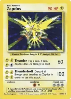 Pokemon Zapdos 016/102 Base Set Holo Vintage LP WOTC - Image 1