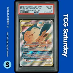 2019 POKEMON SM BS PROMO TAG TEAM TIN #SM169 EEVEE & SNORLAX GX TAG TEAM PSA 9 - Image 1