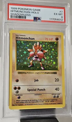 1999 Pokemon Base Set (SHADOWLESS HITMONCHAN )- HOLO GRADED PSA-6 CARD # 7/102 - Image 1