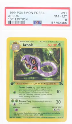 PSA 8 NEAR MINT MINT 1999 Pokemon Fossil Set #31 Arbok 1st Edition !!! - Image 1
