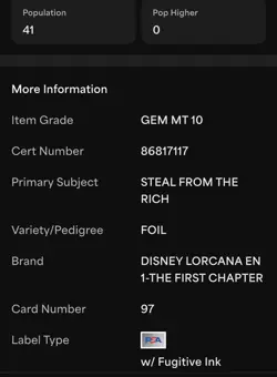 2023 Disney Lorcana EN 1 Steal from the Rich Foil #97 PSA 10 GEM First Chapter - Image 2