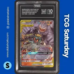 2019 POKEMON SM UNBROKEN BONDS #82/214 MARSHADOW & MACHAMP GX HOLO RARE TAG 10 - Image 1