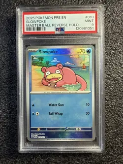 2025 Pokemon Prismatic Evolutions Master Ball Reverse Holo #018 Slowpoke PSA 9 - Image 1