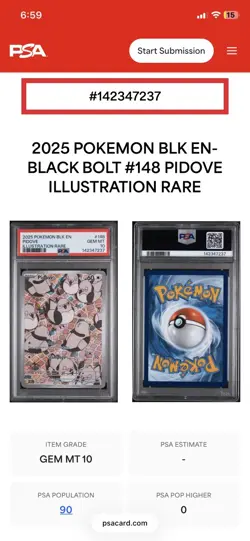 Pokemon 2025 Black and White Bolt Illustration Pidove #148, PSA 10 - Image 1