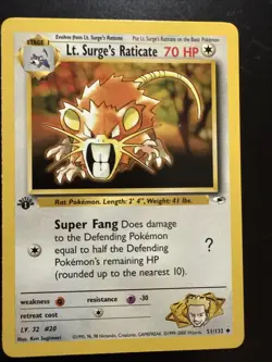 Lt. Surge's Raticate - 1st Edition - 51/132 Gym Heroes - Pokemon TCG - 2000 - Image 1