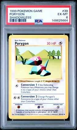 1999 POKEMON BASE SET SHADOWLESS #39 PORYGON PSA 6 - Image 1