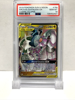 2019 POKEMON SUN & MOON COSMIC ECLIPSE #156 ARCEUS & DIALGA & PALKIA GX PSA 10 - Image 1