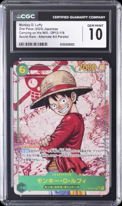 2025 ONE PIECE JPN CARRYING ON HIS WILL ALT ART #OP13-118 MONKEY D. LUFFY CGC 10 - Image 1