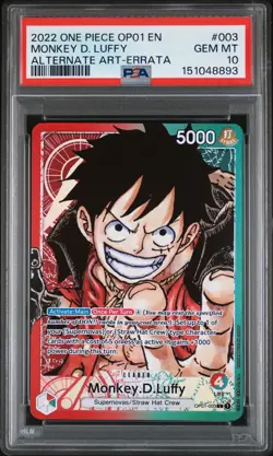 2022 ONE PIECE OP01-ROMANCE DAWN ALTERNATE ART-ERRATA MONKEY D. LUFFY PSA 10 - Image 1