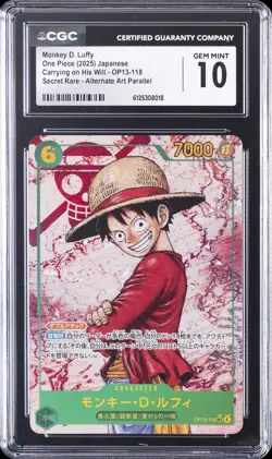 2025 ONE PIECE JPN CARRYING ON HIS WILL ALT ART #OP13-118 MONKEY D. LUFFY CGC 10 - Image 1