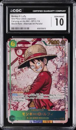2025 ONE PIECE JPN CARRYING ON HIS WILL ALT ART #OP13-118 MONKEY D. LUFFY CGC 10 - Image 1