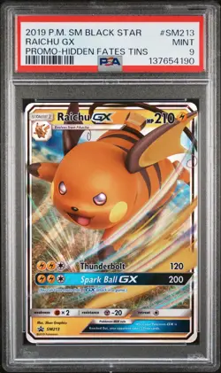 2019 POKEMON SM BLACK STAR PROMO HIDDEN FATES TINS #SM213 RAICHU GX PSA 9 - Image 1