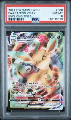 2021 POKEMON SWORD & SHIELD EVOLVING SKIES #008 FULL ART/LEAFEON VMAX PSA 8 - Image 1