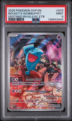2025 POKEMON DESTINED RIVALS POKEMON CENTER ETB TEAM ROCKET'S WOBBUFFET PSA 9 - Image 1
