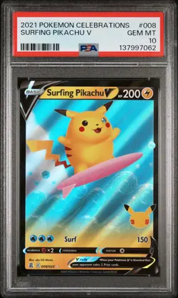 2021 POKEMON CELEBRATIONS #008 SURFING PIKACHU V PSA 10 - Image 1