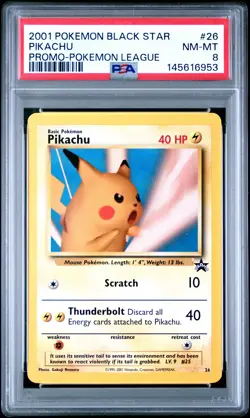 2001 POKEMON PROMO BLACK STAR POKEMON LEAGUE #26 PIKACHU PSA 8 - Image 1