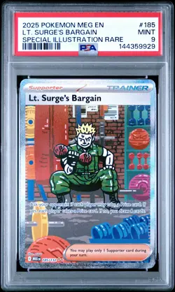 2025 POKEMON MEG SPECIAL ILLUSTRATION RARE #185 LT. SURGE'S BARGAIN PSA 9 - Image 1