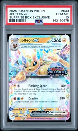 2025 POKEMON PRISMATIC EVOLUTIONS SURPRISE BOX EXCLUSIVE #030 JOLTEON EX PSA 10 - Image 1