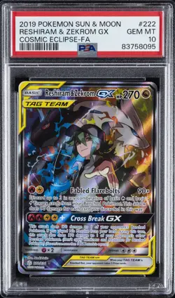 2019 POKEMON SUN & MOON COSMIC ECLIPSE #222 FULL ART/RESHIRAM & ZEKROM GX PSA 10 - Image 1