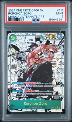2024 ONE PIECE OP06-WINGS OF THE CAPTAIN MANGA ALTERNATE ART RORONOA ZORO PSA 9 - Image 1