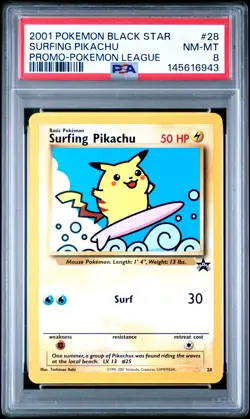 2001 POKEMON PROMO BLACK STAR POKEMON LEAGUE #28 SURFING PIKACHU PSA 8 - Image 1