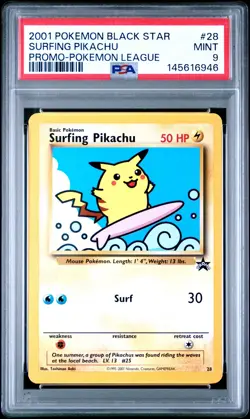 2001 POKEMON PROMO BLACK STAR POKEMON LEAGUE #28 SURFING PIKACHU PSA 9 - Image 1