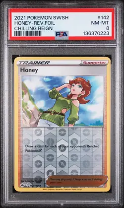 2021 POKEMON SWORD & SHIELD CHILLING REIGN #142 HONEY-REVERSE FOIL PSA 8 - Image 1