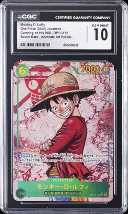 2025 ONE PIECE JPN CARRYING ON HIS WILL ALT ART #OP13-118 MONKEY D. LUFFY CGC 10 - Image 1
