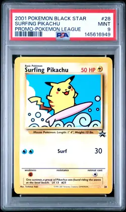2001 POKEMON PROMO BLACK STAR POKEMON LEAGUE #28 SURFING PIKACHU PSA 9 - Image 1