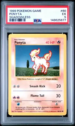 1999 POKEMON BASE SET SHADOWLESS #60 PONYTA PSA 5 - Image 1