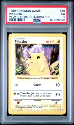 1999 POKEMON BASE SET SHADOWLESS YELLOW CHEEKS-#58 PIKACHU PSA 5 - Image 1