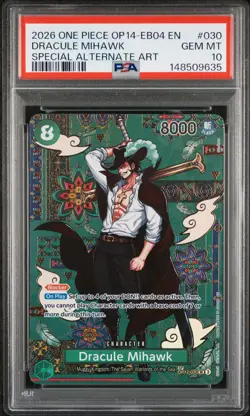 2026 ONE PIECE THE AZURE SEA'S SEVEN ALTERNATE ART #030 DRACULE MIHAWK PSA 10 - Image 1