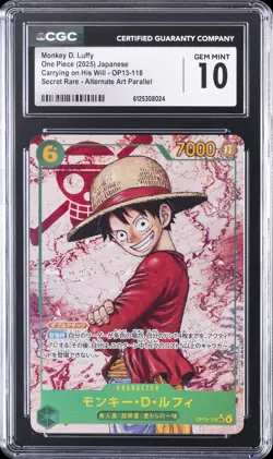 2025 ONE PIECE JPN CARRYING ON HIS WILL ALT ART #OP13-118 MONKEY D. LUFFY CGC 10 - Image 1
